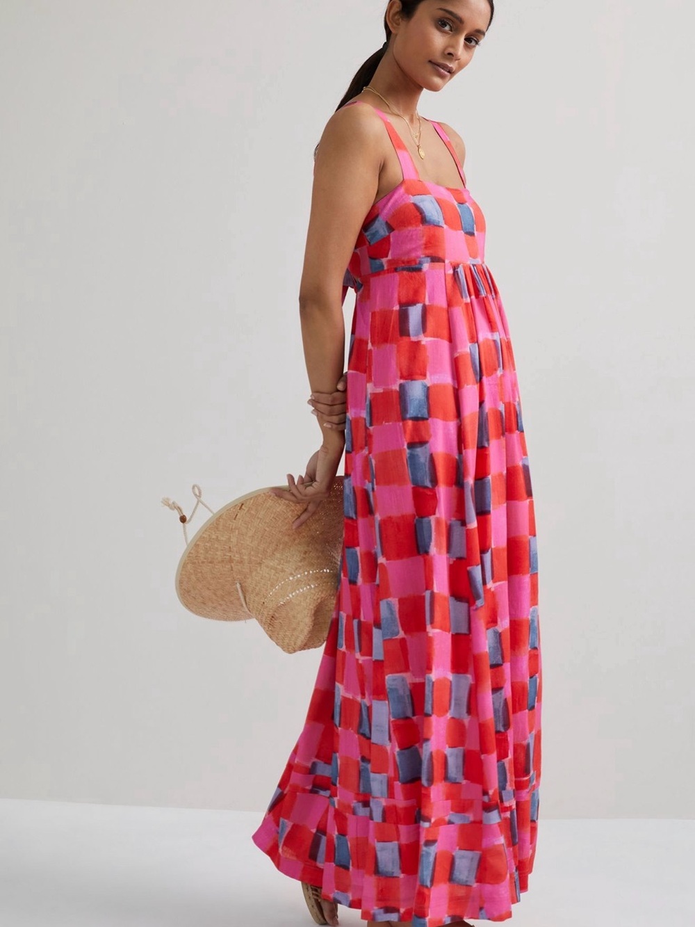 Anthropologie Pink & Red Check Maxi Dress